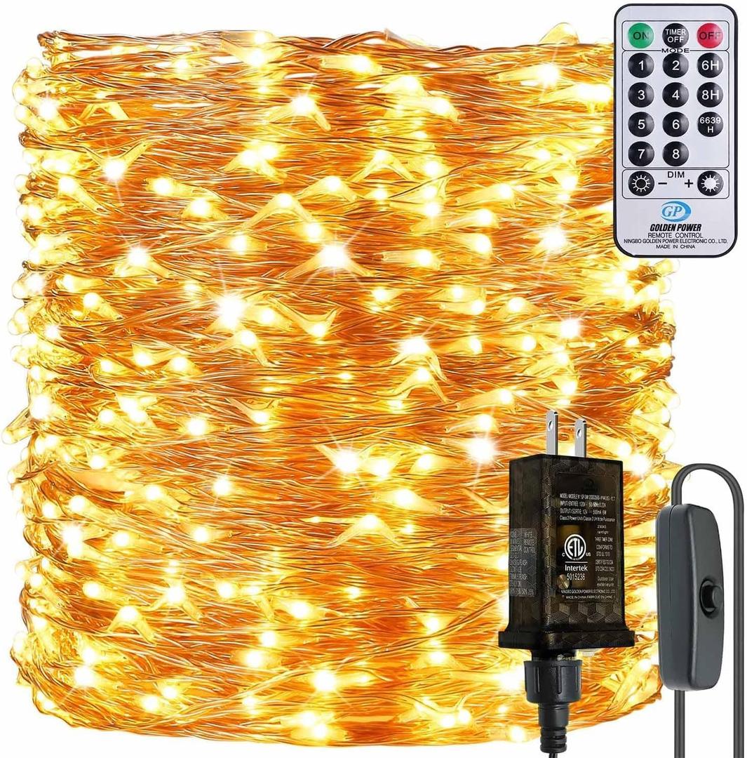 165Ft Ultra Long 500 LEDs String Lights Plug in, with Switch/Timer, Waterproof Dimmable Copper String Lights for Home/Holiday Decor, 8 Modes Fairy Lights with Remote, Warm White UL Listed