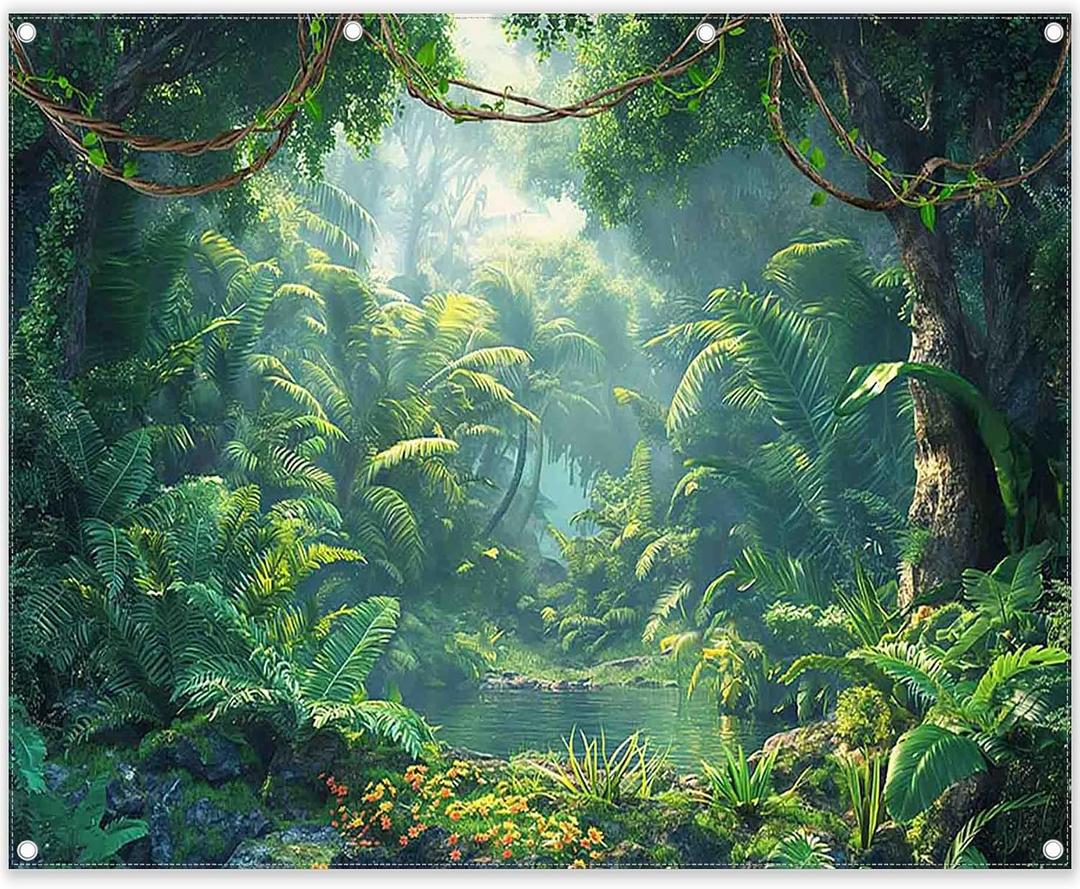 Fabric 10x8ft Jungle Forest Photography Backdrop Rainforest Tropical Natural Scenery River Background Summer Adventure Party Decorations Photo Banner Props