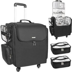 Relavel Rolling Makeup Train Case, Hairstylist Traveling Bag with 4 Wheels, Heat Insulation Full Layer, Adjustable Dividers, Hair Tools and Cosmetics Storage Organizer Trolley Suitcase Makeup Cart (Extra Large, Black)