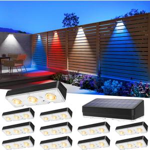 JOFIOS Solar Fence Lights Outdoor Waterproof Led, 12Pack,1300mAh,6 Inch Solar Lights for Fence with Warm White & RGB 8 Colors,Outdoor Solar Lights for Patio, Backyard, Deck, Fence, Railing (Black)