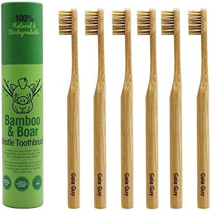 Gaia Guy Natural Bristle Bamboo Toothbrush (NO Nylon - Boar Hair ONLY) - Totally Compostable & Biodegradable Boar Bristle and Bamboo Toothbrushes - Zero Waste - Only 4Pack