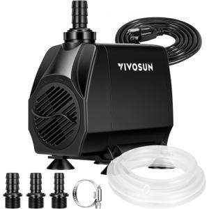 VIVOSUN 1050 GPH 100W Submersible Water Pump, Quiet Fountain Pump With 13.1 ft Head Lift, 6.6 ft Power Cord, 3 Nozzles, Tubing, & 2 Clamps, For Fish Tank, Pond, Aquarium, Hydroponics