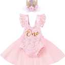 IBTOM CASTLE Baby Girl 1st Birthday Outfit Boho One Ruffle Lace Romper Princess Tutu Backless Dress Photoshoot Party Clothes (9-12 Months, Pink+crown)
