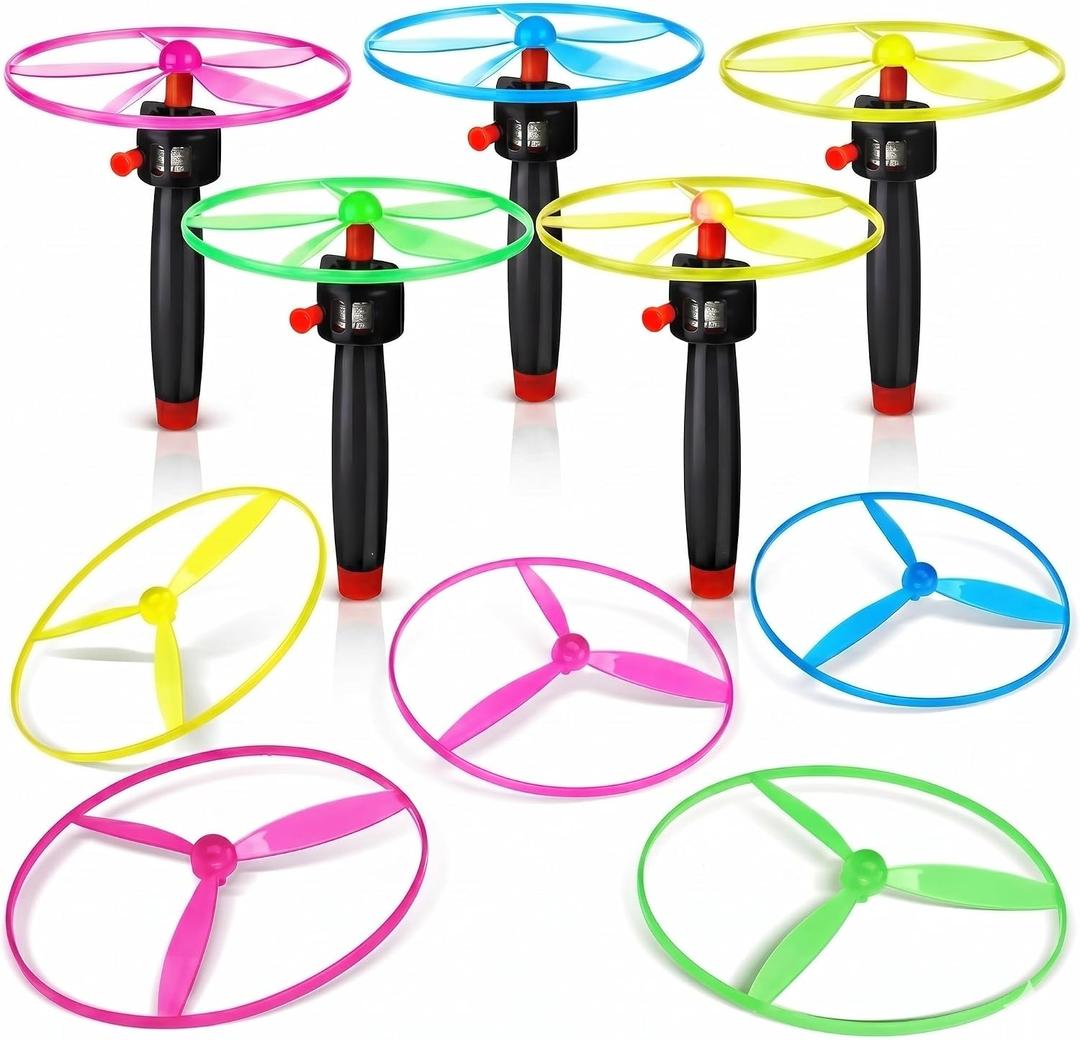 Flying Disc Launcher Toy - Pull String Flying Disc Set 5 String Launchers and 10 Flying Saucer Disk Launcher, Disk Helicopter for Kids Party Favors and Outdoor Activities