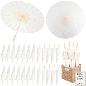 24 Pack Paper Umbrellas for Weddings 23.6 Inch White Paper Parasols for Guests with Woven Storage Basket and Photo Frame for Wedding Anniversary Parties Bridal Showers Party