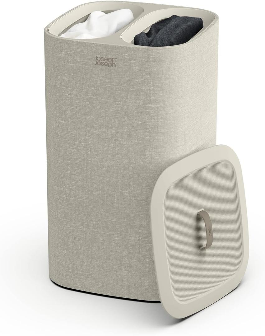 Joseph Joseph Tota 60 Liter/15.8 Gallon Laundry Hamper Separation Basket with lid, 2 Removable Washing Bags with Handles- Ecru, Dual Compartment 60l