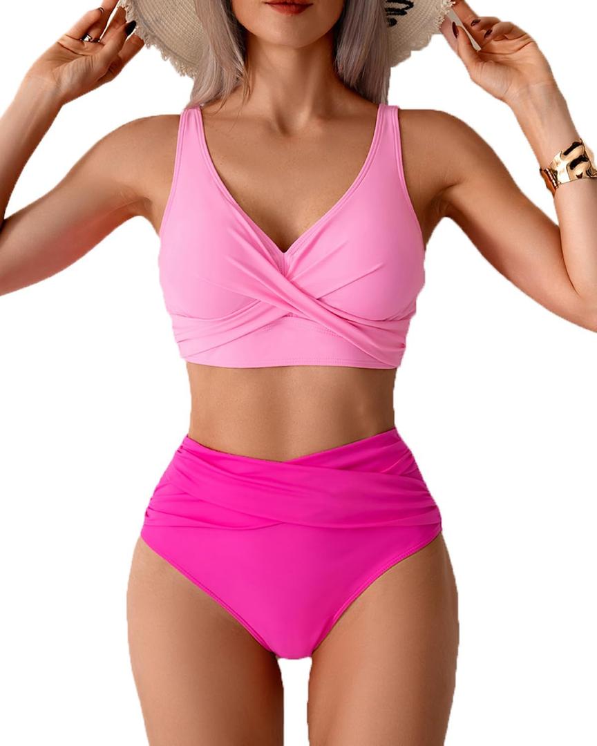 Fanuerg Women High Waisted Bikini Sets V Neck Cross Twist Front Two Piece Swimsuit Tummy Control Bathing Suit (XX-Large, Pink Rose)