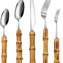 Eboot Bamboo Silverware Set 18/8 Stainless Steel Tableware Set Natural Utensil Flatware Kit Spoon Fork Knives Bamboo Handle Cutlery for Kitchen Wedding Home Restaurant Party(Silver,30 Pieces)