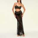 Women 2Pcs Lingerie Set Lace See-Through Sleeveless Camisoles High Waist Long Skirts with Chain Sleepwear (Black, S)