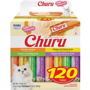 INABA Churu Cat Treats, Lickable, Squeezable Creamy Pure with Vitamin E, 0.5 Ounces per Tube, 120 Tubes Total, Chicken Variety