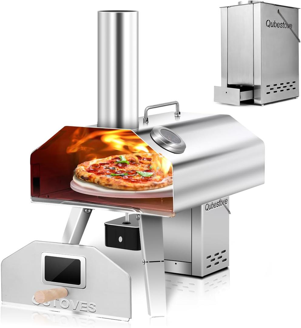 2-in-1 Outdoor Pizza Oven, 12" Wood Pellet Pizza Oven with AUTO ROTATING Pizza Stone, Portable, Removable Top as Torch Heater or Stove