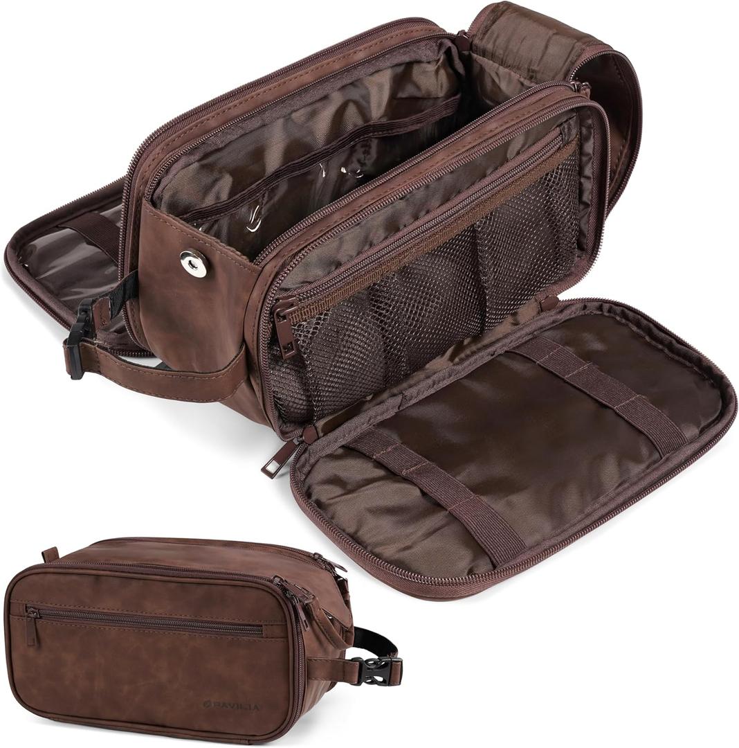 PAVILIA Large Toiletry Bag for Men Women, Mens Travel Bag Toiletries Organizer Case for Grooming, Travel Essentials Shaving Dopp Kit, PU Leather Water Resistant Cosmetic Pouch, Dark Brown (Extra Large (12.5x6x7))