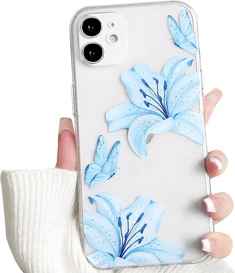 NITITOP Compatible with iPhone 11 Case Clear Cute Butterfly Lily Flower Floral Pattern for Women Girls Full Camera Lens Clear Slim Shockproof Protective Phone Cover - Blue