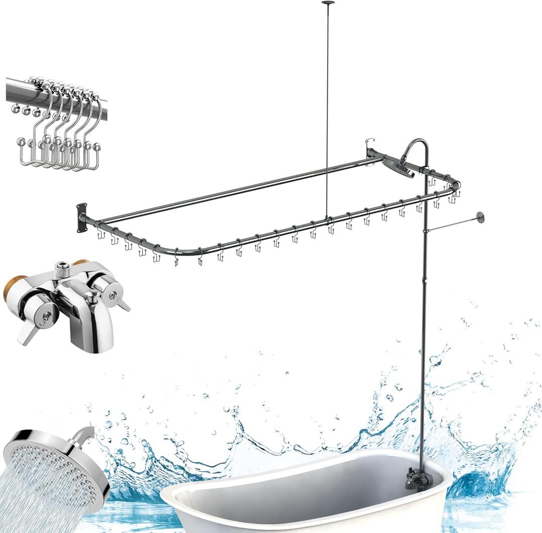 Clawfoot Tub Shower Kit,Add On Shower With Bathcock Diverter Faucet and 60" D Type Claw foot Tub Shower Curtain Rod Kit,D-Style Shower Rod and Clawfoot Tub Shower Faucet Set,Chrome Plated
