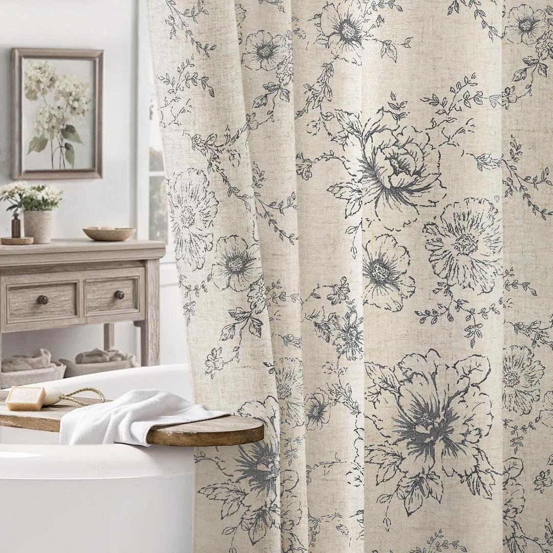 Farmhouse Floral Linen Shower Curtain, Vintage Grey Pattern Rustic Shower Curtains for Bathroom, Dark Gray,72x72