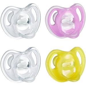 Tommee Tippee Ultra-Light Silicone Pacifier, 6-18 Months, Symmetrical One-Piece Design, BPA-Free Silicone Binkies, Clear/Pink/Yellow, Pack of 4