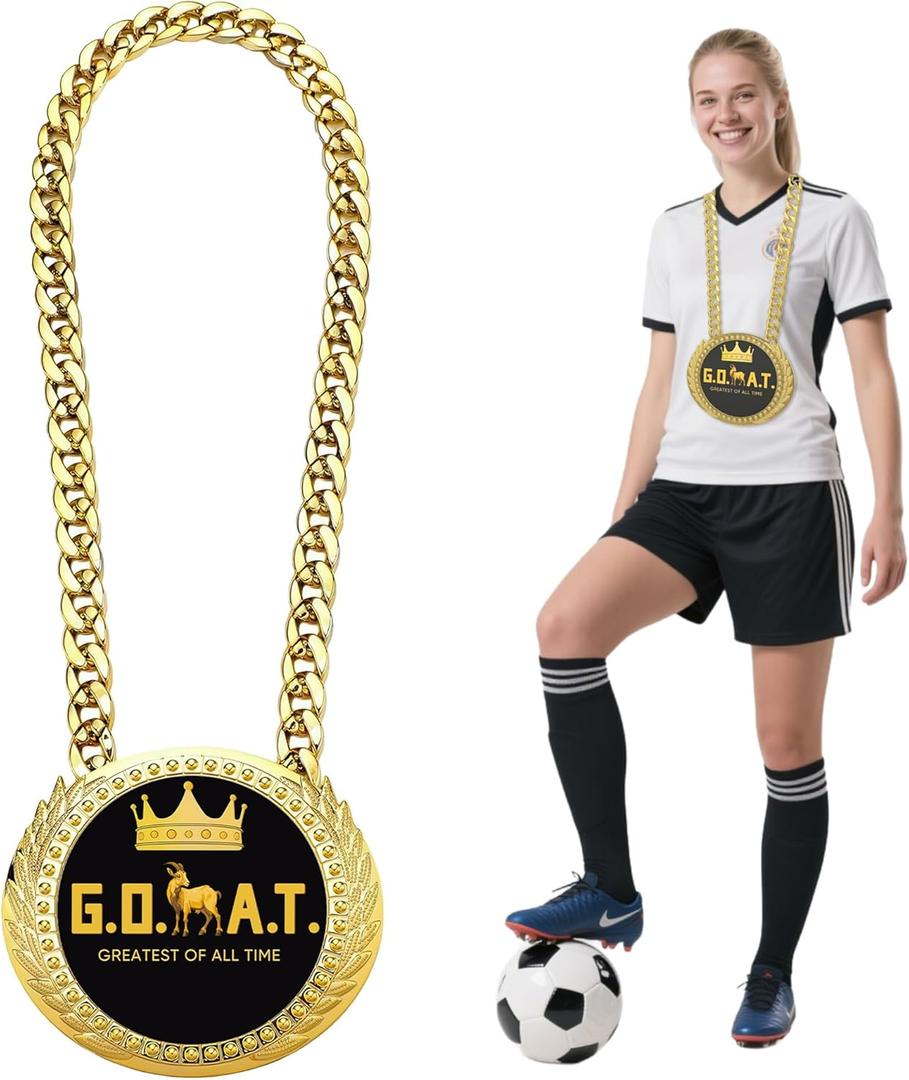 Greatest of All Time Turnover Chain - 6" Big Gold Awards Medal Goat Trophy Necklace Champion Chain for Football Fantasy Basketball Soccer Sports Achievements MVP Turnover Chain Athlete Prize Gifts
