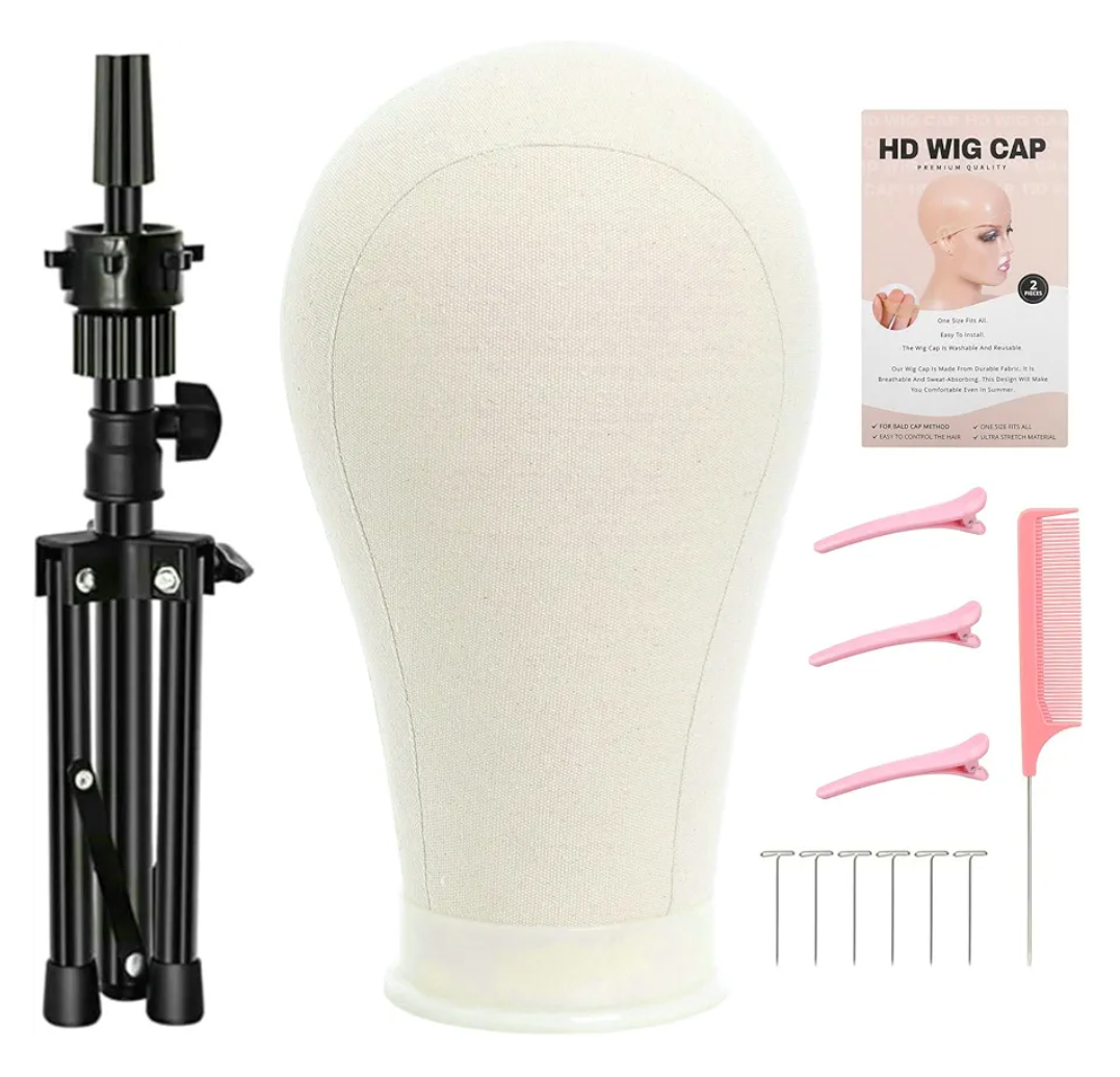 FUTAI 23 inches Canvas Mannequin Head with Tripod Stand Wig Cap T Pins Rat Tail Comb and Hairpins for Wig Making Practice Styling Training Display