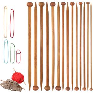 7Pairs Bamboo Knitting Needles Set with 5 Pins, Single Pointed Wooden Knitting Needles 10-Inch Long Wood Straight Knittings Needle for Beginners Sweater Shawl Scarf(7 Sizes)