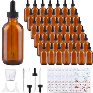42 Pack 4oz Amber Glass Bottles with Glass Eye Droppers for Essential Oils, Perfumes & Lab Chemicals (Brush, Funnels, 3 Extra Droppers, 48 Pieces Labels & 30ml Measuring Cup Included)
