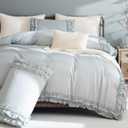 Bedrom Ruffled Queen Duvet Cover Set Blue Grey Bedding Set Shabby Chic Light Gray Boho Bedding Super Soft Lightweight Farmhouse Ruffle Duvet Cover Set for All Season