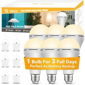 Neporal LITE PRO Battery Backup Light Bulbs, 2600mAh Rechargeable Light Bulbs, Perfect As Emergency Lights for Home Power Failure, Hurricane Prepareness Item, E26/E27 (Soft White)