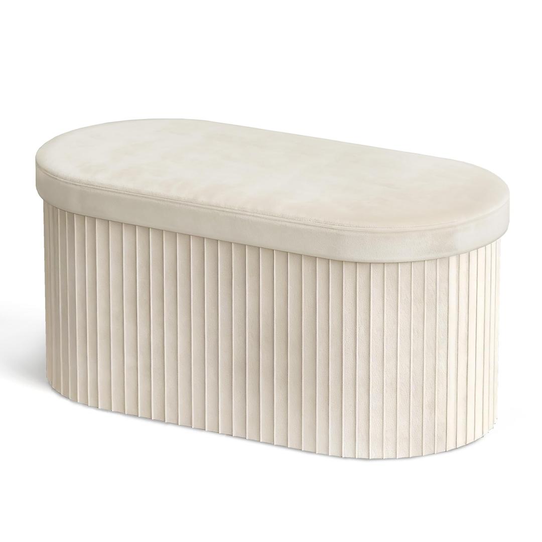 GLAXYFUR Folding Ottoman with Storage, Oval Velvet Storage Bench, Beige