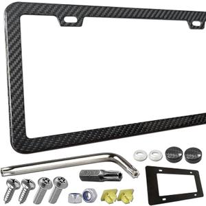 ZXFOOG Carbon Fiber License Plate Frame- 100% Handcrafted Real Carbon Fiber Cloth Wrapped Holder, Slim Black Stainless Steel Car Tag Cover with Screws Caps, Rattle Proof Pad, 1 Pack 2 Hole