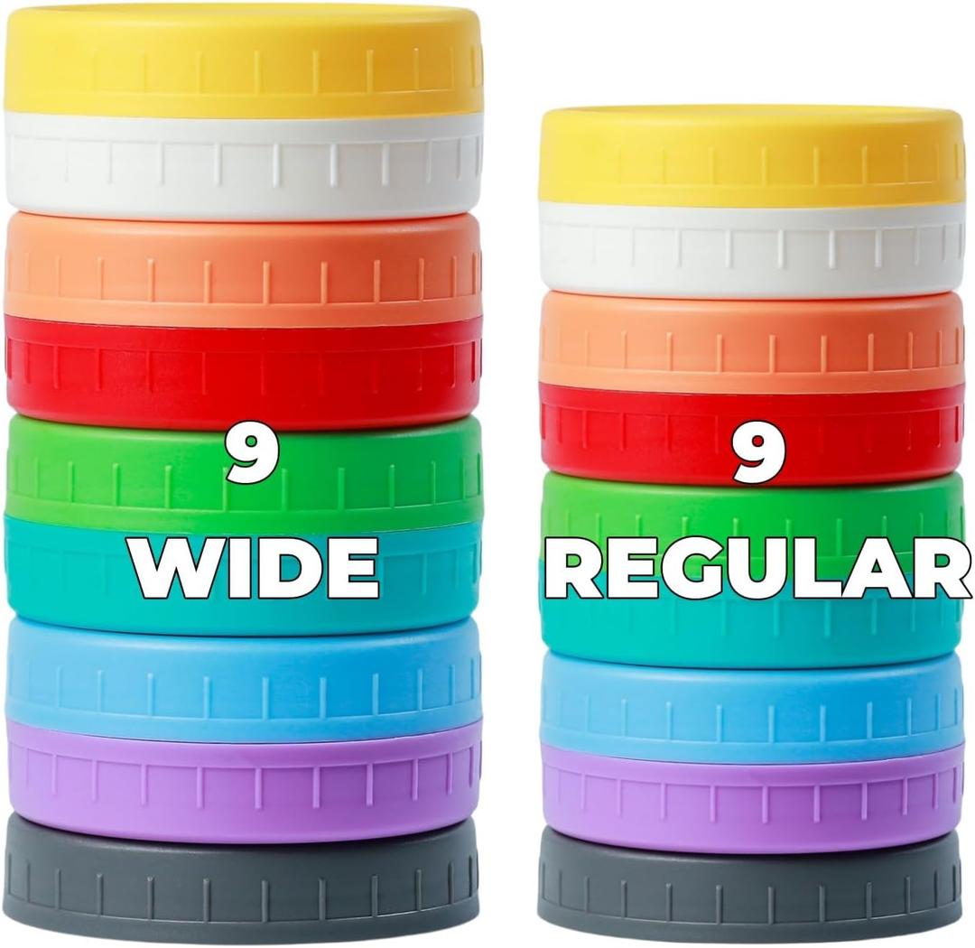 Bedgeta 18 Pack 9 Wide Mouth & 9 Regular Mouth Mason Jar Lids with Silicone Rings, Thickened Leak-proof Lids Fit Ball, Kerr and More, 18 Color Plastic Lids, 86mm &70mm Plastic Mason Jar Lids