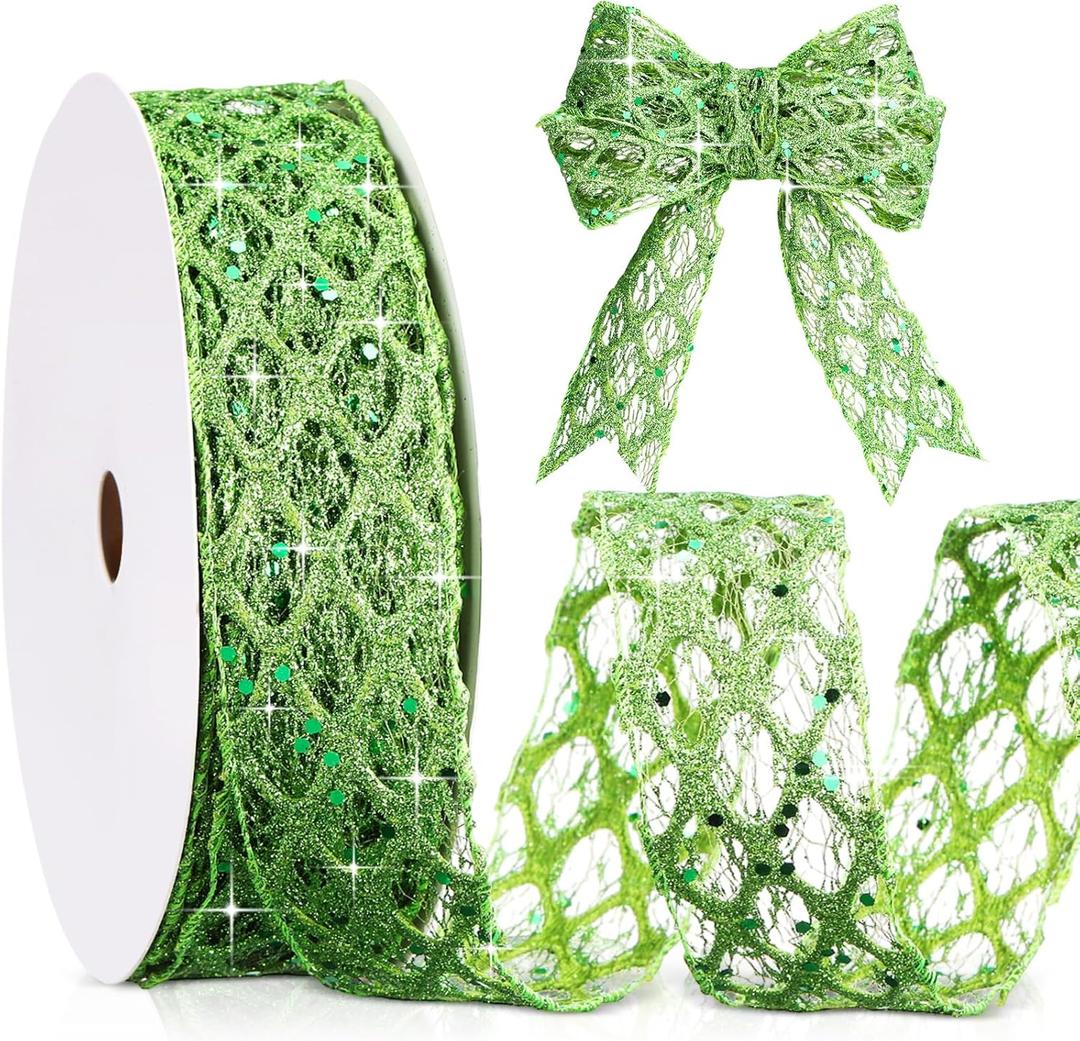 Geosar 20 Yards Green Glitter Mesh Wired Ribbon for St Patricks Day Decor Flower Bouquet Gift Wrapping DIY Craft St Patricks Day Tree Decoration (1.5 Inch)