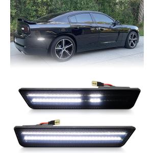 Dynamic White LED Rear Side Marker Lights for 2008-2014 Dodge Challenger &2011-2014 Charger, Smoked Lens Bumper Sidemarker Lamps with Dual Row, pack of 2