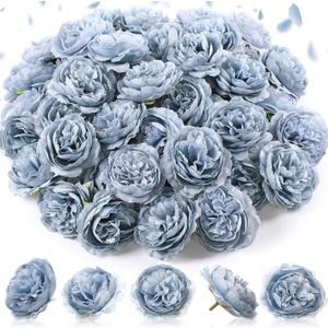 50 Pcs Artificial Flowers, 3.2 Inches Silk Rose Head Flowers Fake No Stem for Wedding Bridal Bouquet Home Floral Decor DIY Centerpieces Arrangements Party Tables Decorations (Dusty Blue)