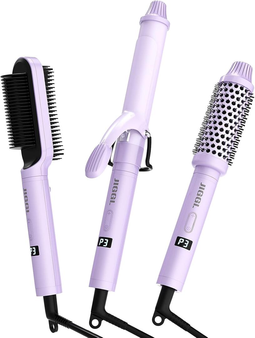JIGGL 3-in-1 Interchangeable Hair Styler: 1.25" Curling Iron, 1.5" Heated Round Thermal Brush & Hair Straightener Combo for Travel, Dual Voltage,Straight/Curl/Blowout Short and Long Hair, Purple