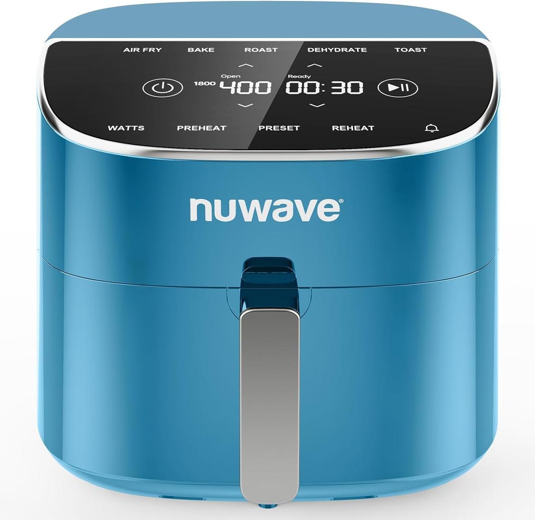 Nuwave Brio Plus 8 Qt Air Fryer, PFAS Free, New & Improved, Digital Touch Screen, Cool White Display, 50F~400F in Precise 5, 5 Cook Functions, 100 Presets & 50 Memory, 3 Wattages 700, 1500, 1800