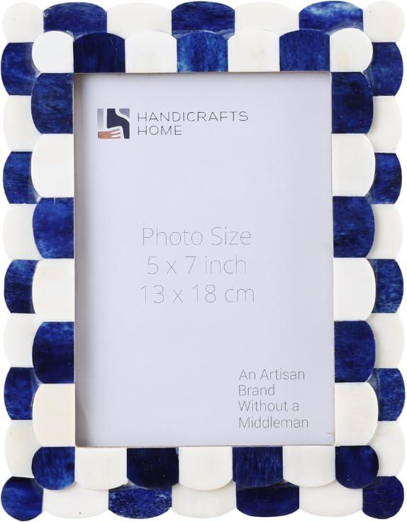 Handicrafts Home 5 by 7 Blue Picture Frame, Blue & White Scallop pattern Bone inlay Photo Frame for Wall & Tabletop, Boho Farmhouse Vintage Home Decor, Gallery Wall & Desk Decor, Family Frame Fall decor