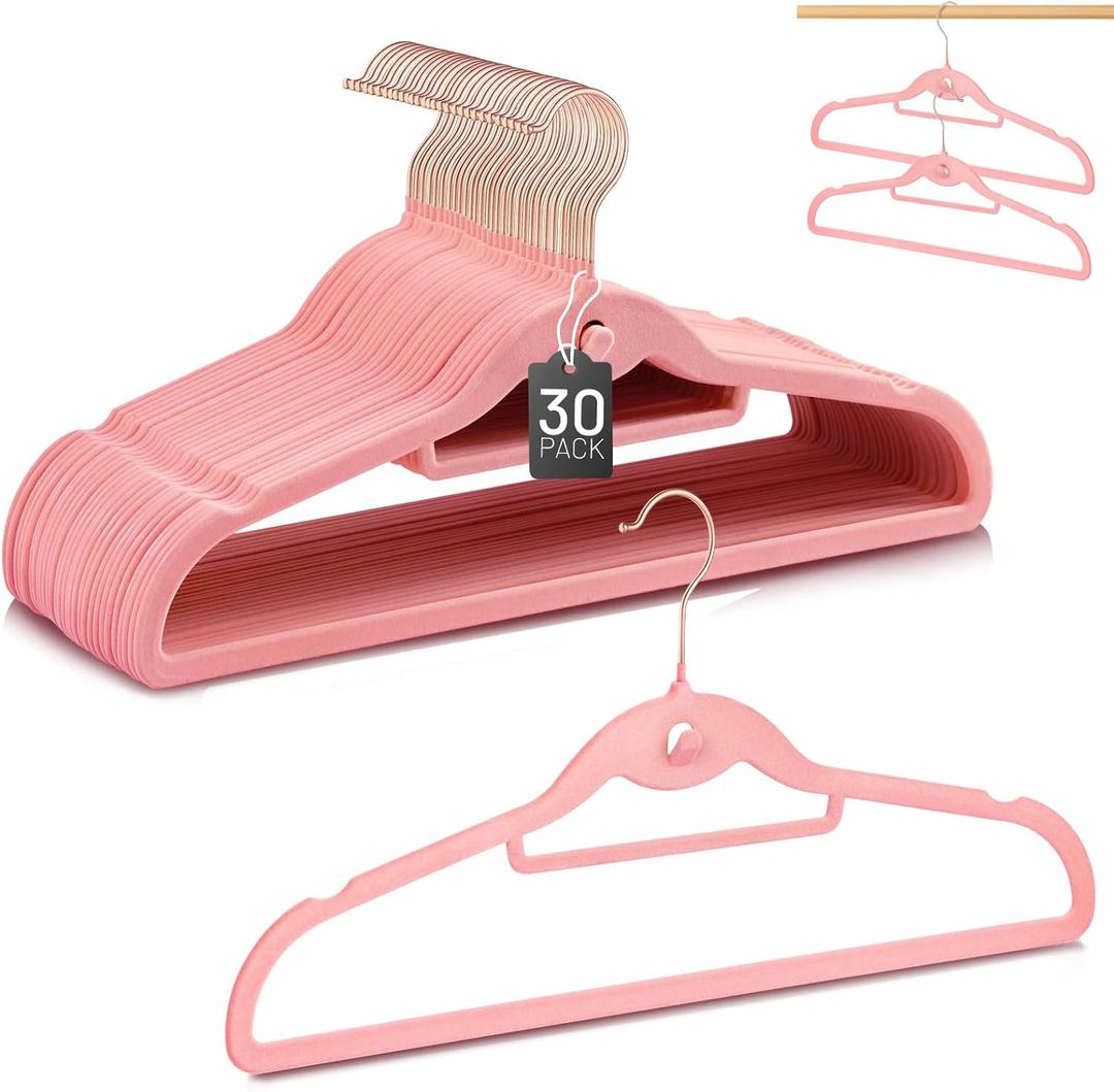 Velvet Stackable Hangers 30 Pack, STOPKLAS Pink Clothes Hangers Non Slip Felt Hangers with 360 Swivel Hook, Thin Hanger Space Saving, Heavy Duty Closet Hanger for Clothes, Coats, Suits, Dress, Pants