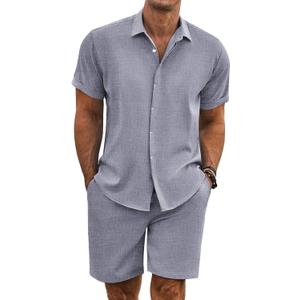 COOFANDY Men's Summer Beach Outfits 2 Piece Short Sleeve Shirts and Shorts Vacation Texture Linen Sets for Men (Medium, Dark Blue Grey)