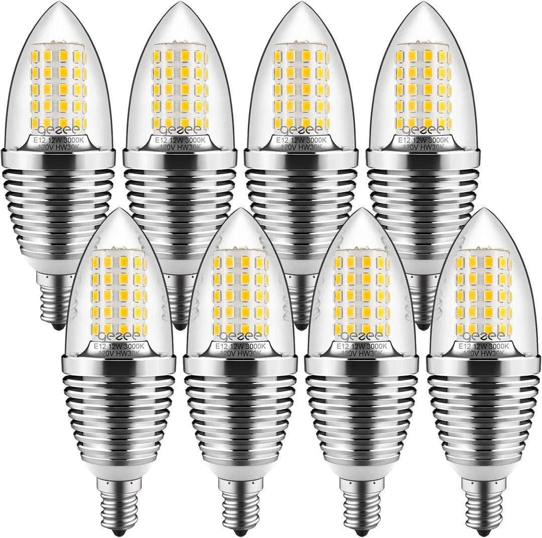 gezee LED Candelabra Bulb Light, Non-Dimmable, 100 Watt Equivalent Lighting, 12W LED Candle Bulbs, Warm White 3000K, 120V, 1200Lumens, E12 Base, Chandelier Bulbs, Torpedo Shape(8-Pack)