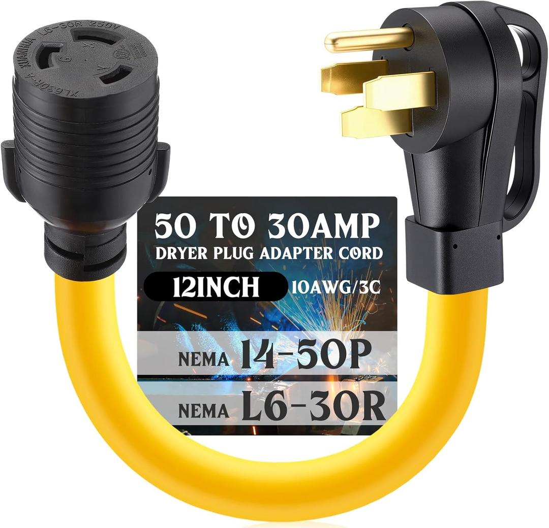 RV Generator Welder Adapter Compatible with NEMA 14-50P to L6-30R 50A 4 Prong Male Plug to 30A 3 Prong Locking Female Receptacle Dryer EV Charger Power Adapter STW 10 AWG, 1FT, ETL Listed