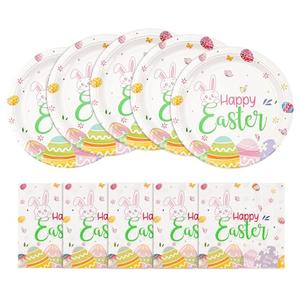Cangmyxis Easter Bunny & Egg Paper Plates and Napkins Set | 9 Inch Disposable Easter Dinner Plates & Napkins | Cute Easter Tableware for Brunch, Party Supplies & Festive Table Setting,Serve for 20