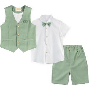 LOLANTA Boys Linen Suit 4 Piece Summer Gentleman Outfit Kids Dress Vest Shirt Shorts Set for Beach Wedding Graduation, Green, Size 6