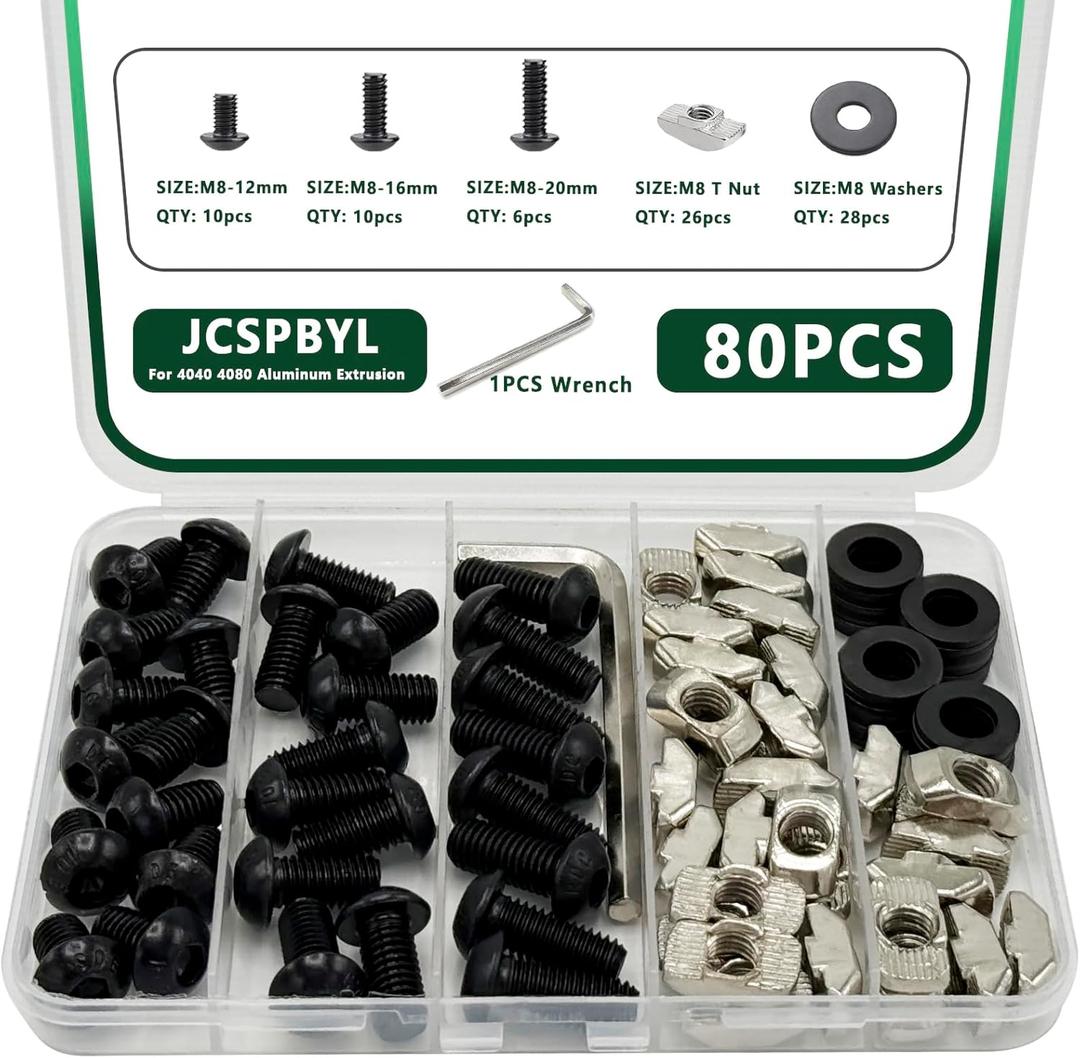 80 pcs M8 T Nut Screws Kit for 4040 4080 Aluminum Extrusion, 26 pcs Black M8x12/16/20mm Hexagon Socket Carbon Steel Screws and 26 pcs M8 Drop in T-Nuts, 28 Washers with Hex Wrench