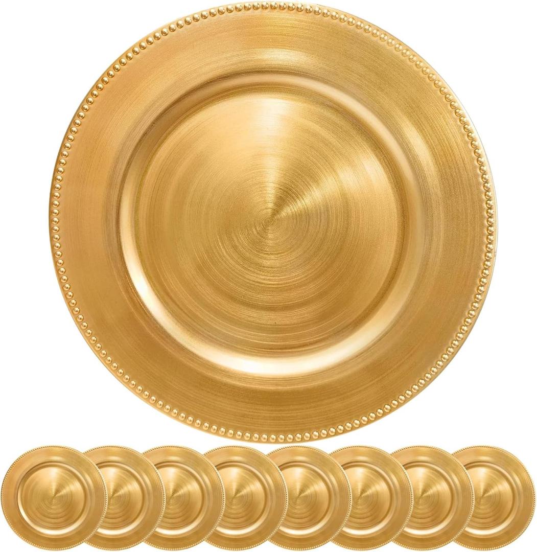 Gold Charger Plates 10PCS,13inch Round Beaded Plastic Charger Plates,Plate Chargers Bulk for wedding,Dinner,Party,Decoration(Gold 10), 1313