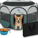 Playpen for Small Dogs Cats Crate: Puppy Play Pen Indoor Outdoor Foldable Potable Exercise Cage Pop up Kennel for Guinea Pig Rabbits Hamster Travel with Carrying Case & Food Bowl (Green, M, 1)