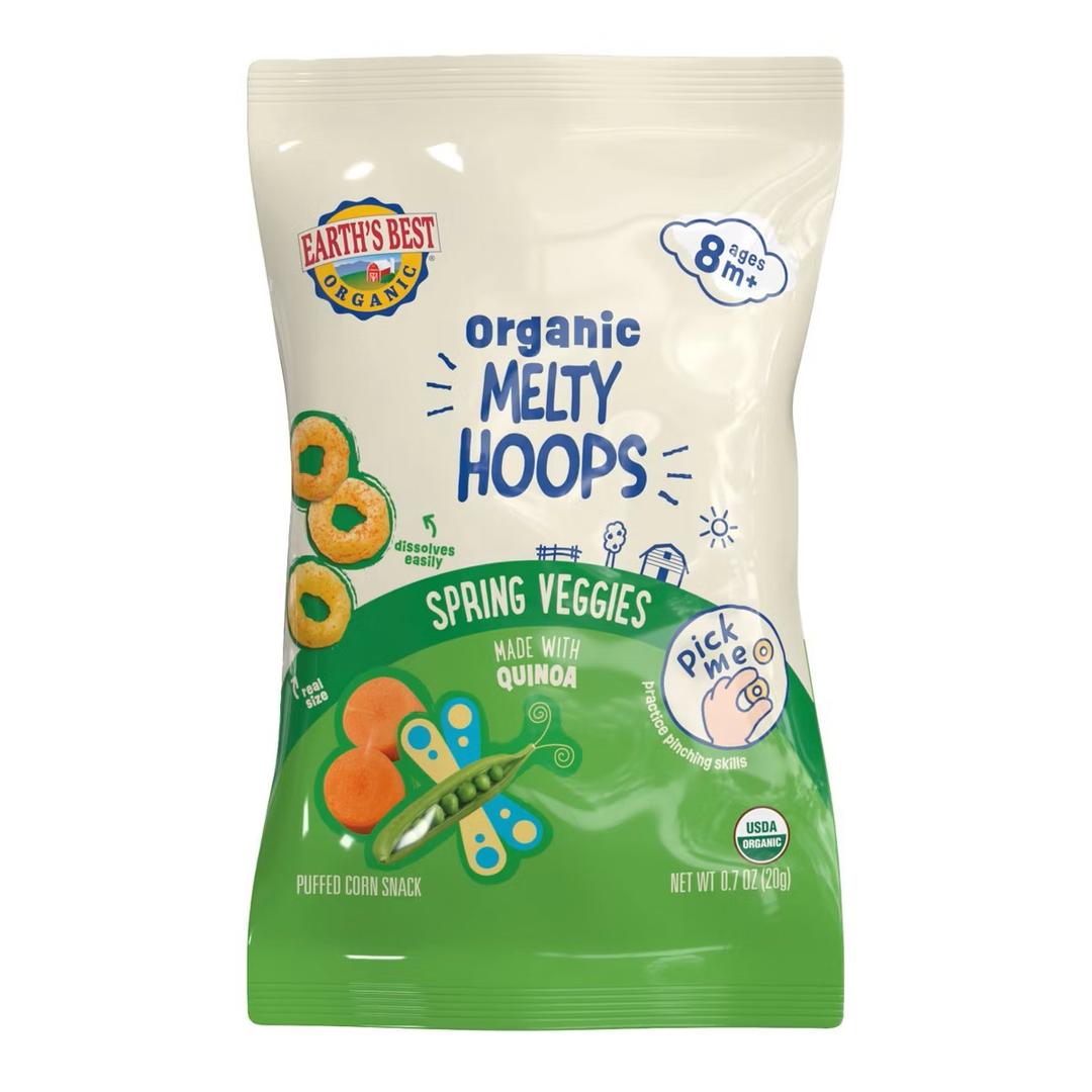 Earth's Best Melty Hoops Spring Veggies Baby Snacks - 0.7oz: Age 8 Months+, Ready to Eat, Bag, 4 ct, BBD: 19 Jul 2026