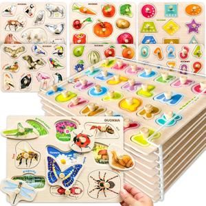 QUOKKA 8 Wooden Puzzles for Toddlers 1-3 - Toddler Montessori Puzzles Ages 2-4 in a Rack - Learning Alphabet, Numbers and Animals Toy for Kids 3-5 - Wood Games Gift for Boys and Girls