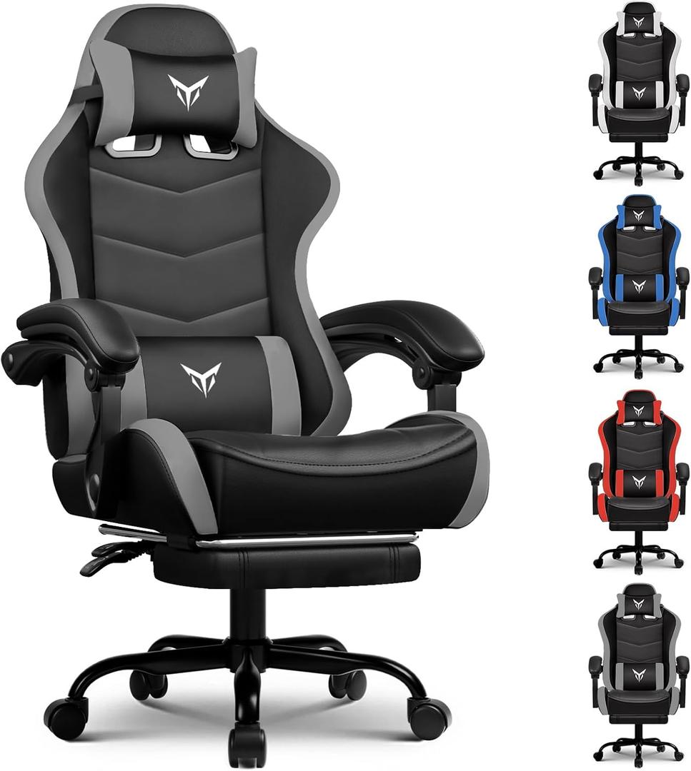 GTPLAYER Gaming Chair with Footrest, Video Game Chairs Racing Style PC Game Chairs 350lbs for Adults - Padded High Back Ergonomic Reclining Silla Gamer, Linkage Armrest, Grey