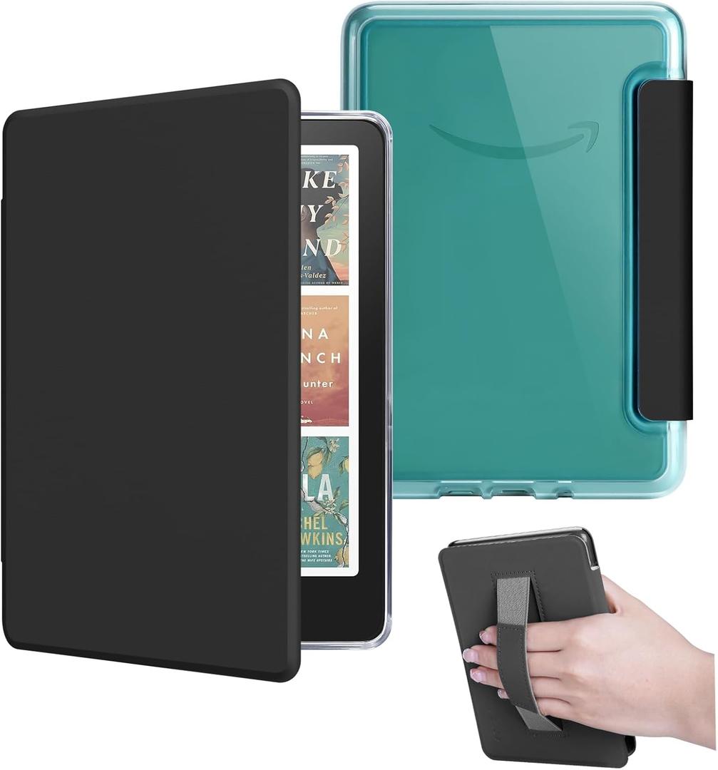 HOICHOE Case for All-New 7" Kindle Paperwhite 12th Gen 2024 and Kindle Colorsoft Signature Edition, Light PU Leather Cover and Transparent Hard Back Shell with Hand Strap, Auto Sleep/ Wake, Noble Black
