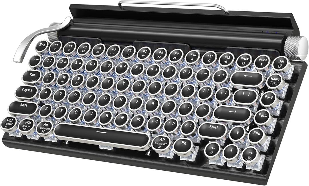 Taiahiro Retro Typewriter Mechanical Keyboard, Wireless Bluetooth 5.0 LED Backlit Office Computer Keyboards with 83-Key Clicky Blue Switches, Vintage Design for PC/Laptop/Mac/Pad/Phone/Gaming, Black