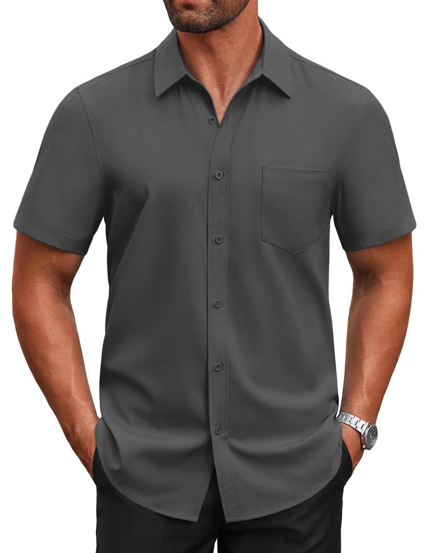 COOFANDY Mens Short Sleeve Shirts Casual Button Down Dress Shirts Summer Untucked Shirt Dark Grey, L